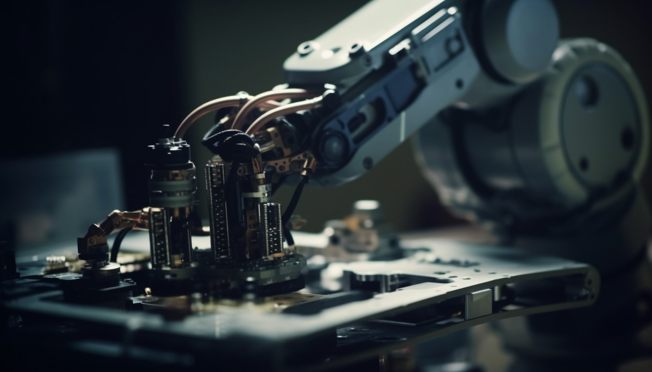 Futuristic machinery working on complex computer chip generated by AI
